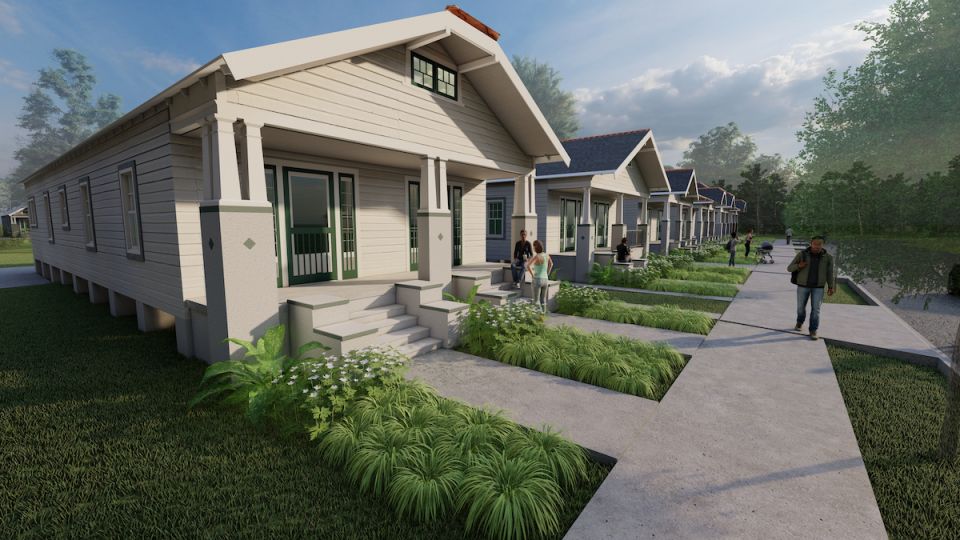 Neighborhood street with new homes and residents rendering