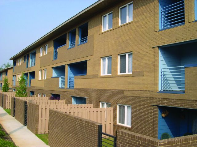 Apartment buildings on a neighborhood block