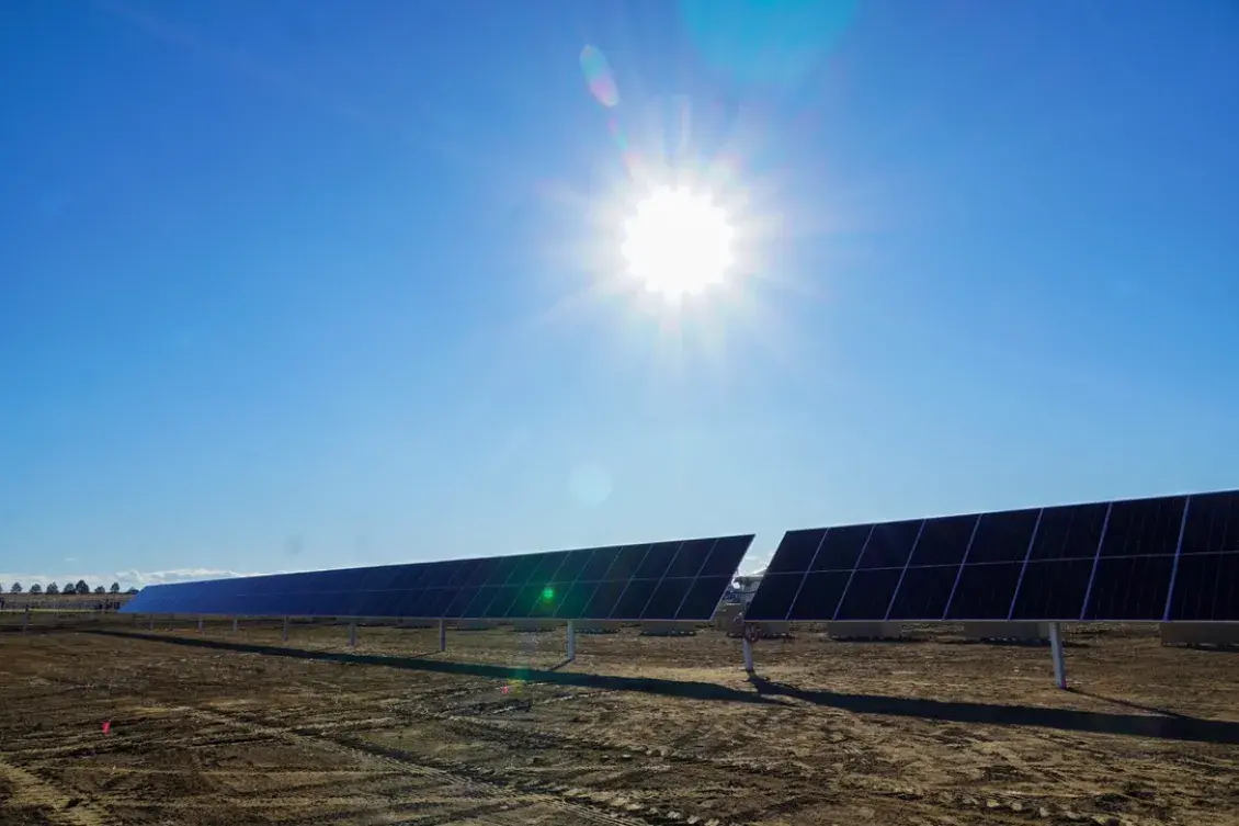 A long row of solar panels with brown open space in the background and a bright white sun shining overhead.