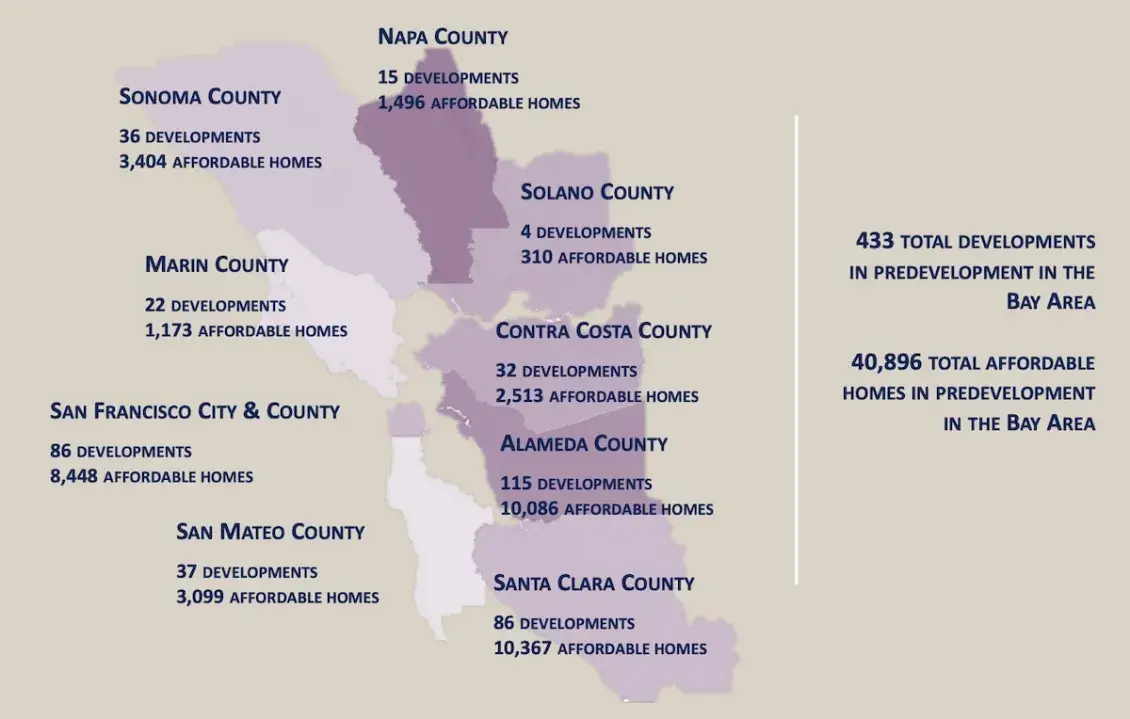 Map of the Bay Area with shaded to show the different developments in each county