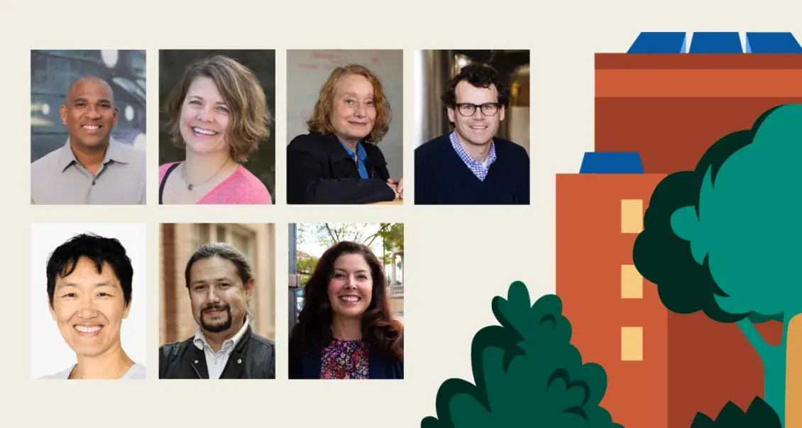 Group of seven people's headshots with illustration of a building and trees on the right