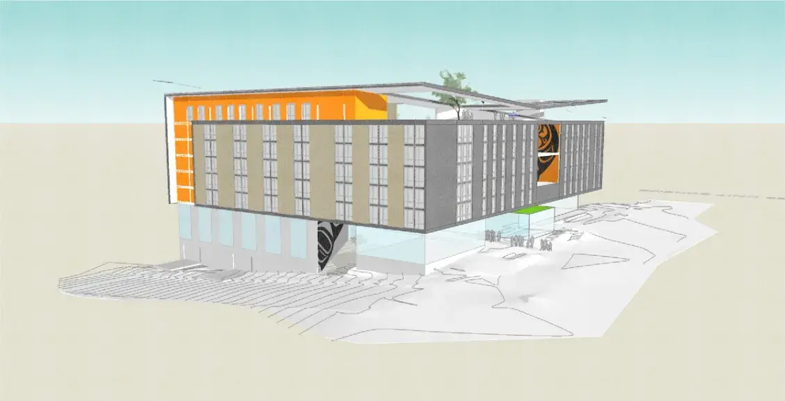 Digital rendering of a modern, multi-story building with a rectangular form. The exterior features orange, beige, and gray panels, large glass windows on the ground floor, and Indigenous artwork on two upper-story walls. A rooftop garden and open plaza space with people are visible.