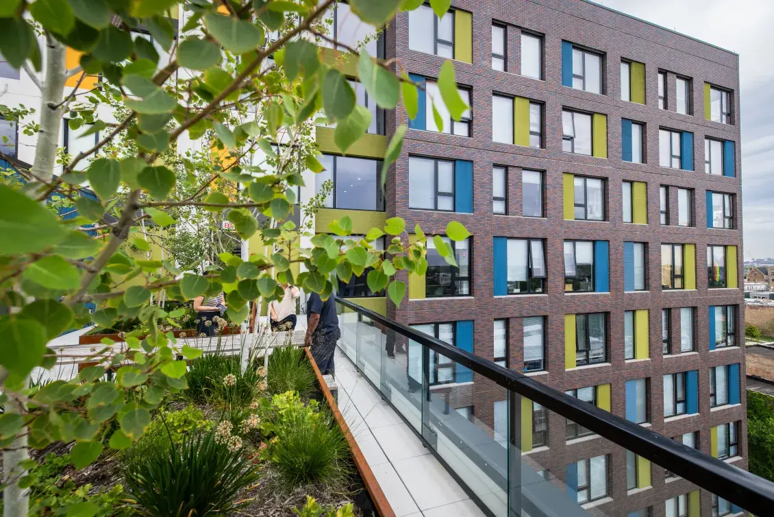 Side view of an apartment building with a tree and balcony railing in the foreground