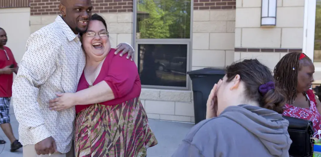 residents laughing outside