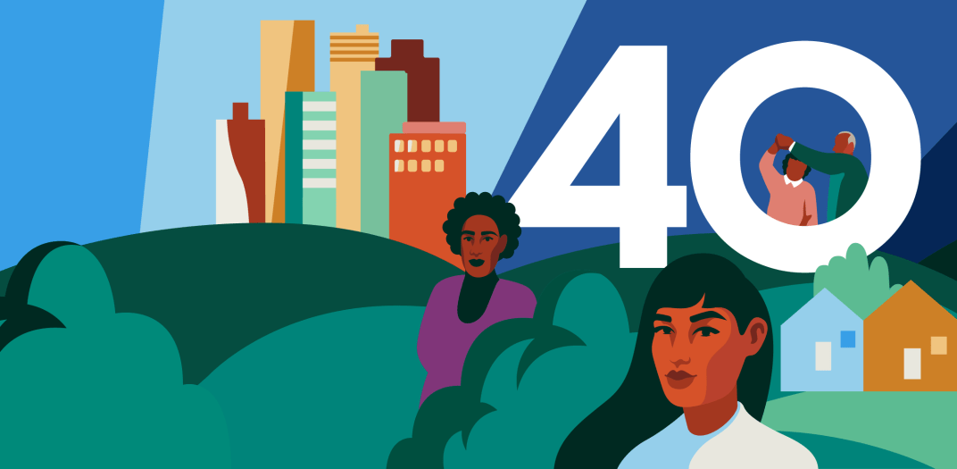 illustration for 40th anniversary with two women and a city in the background