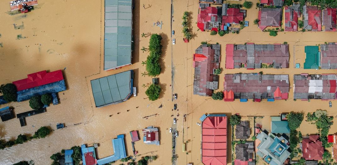Aerial view of a town affected by flood damage