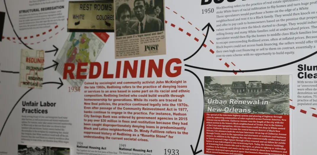 Poster with Redlining, photos, and arrows that lead to other images and text