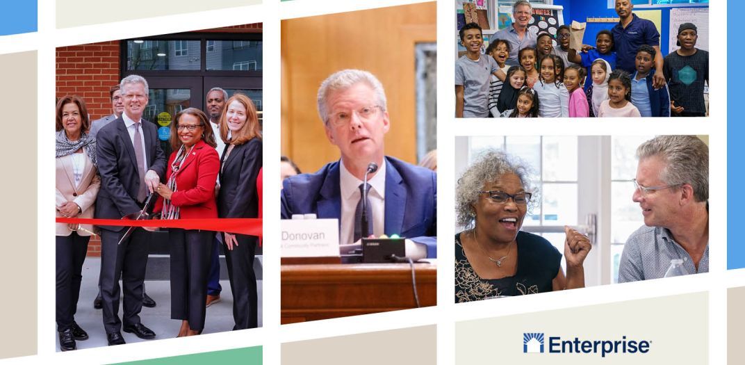 Collage of images showing people at a ribbon cutting, testifying, and interacting