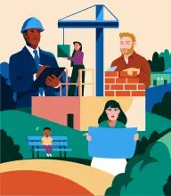 graphic of construction, child, and woman planner