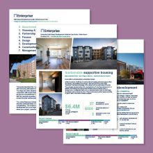 Three Enterprise fact sheets overlayed on top of each other against a purple background