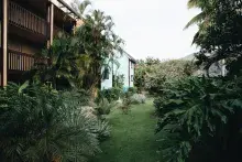 Two story apartment buildings and palm trees