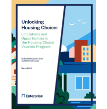 Unlocking Housing Choice: Limitations and Opportunities in the Housing Choice Voucher Program on an illustration of homes
