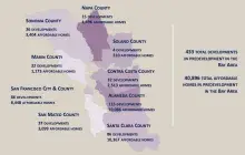 Map of the Bay Area with shaded to show the different developments in each county