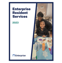 Enterprise Resident Services 2023 and a woman standing behind a child who is seated at a table