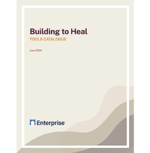 Enterprise Building to Heal Tools Catalogue June 2024 text on an illustration of neutral shaded hills