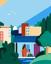 Illustration of woman and child on the patio of a blue house with tall buildings behind them with trees around them