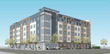 Rendering of blue, gray, tan apartment building