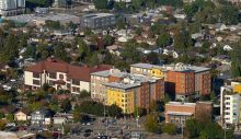 Brightly colored apartments in center of Seattle neighborhood