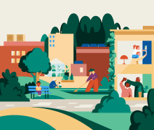 Illustration of a neighborhood with resilient features