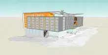 Digital rendering of a modern, multi-story building with a rectangular form. The exterior features orange, beige, and gray panels, large glass windows on the ground floor, and Indigenous artwork on two upper-story walls. A rooftop garden and open plaza space with people are visible.