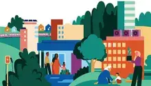 Illustration of a family in one of many apartment buildings, an EV charging station, people planting, and a person holding a potted plant