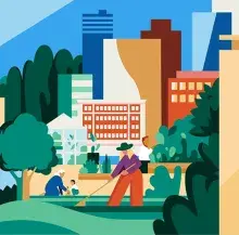 An illustration of a person working in the yard, an older adult with a child, and tall buildings and trees in the background