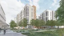 Rendering of an apartment building across the street from a transit stop with people riding bikes and walking in the neighborhood