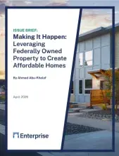 Issue Brief: Making It Happen: Leveraging Federally Owned Property to Create Affordable Homes in navy text on top of an image of a building at sunset