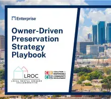 Owner-Driven Preservation Strategy Playbook with the Enterprise, LROC, and CRCD logos next to an image of the LA skyline