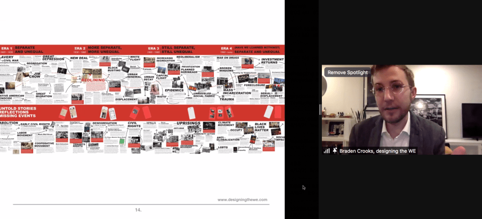 Undesign the Redline virtual tour poster and a photo of a man wearing glasses on the right side of the screen