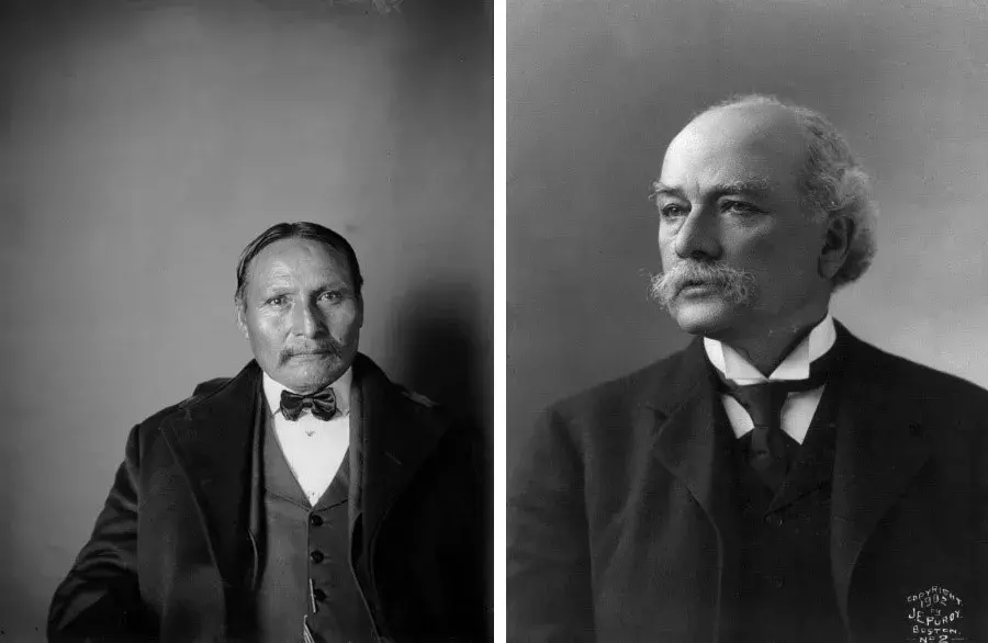 Black and white antique photos of a Native American and white man