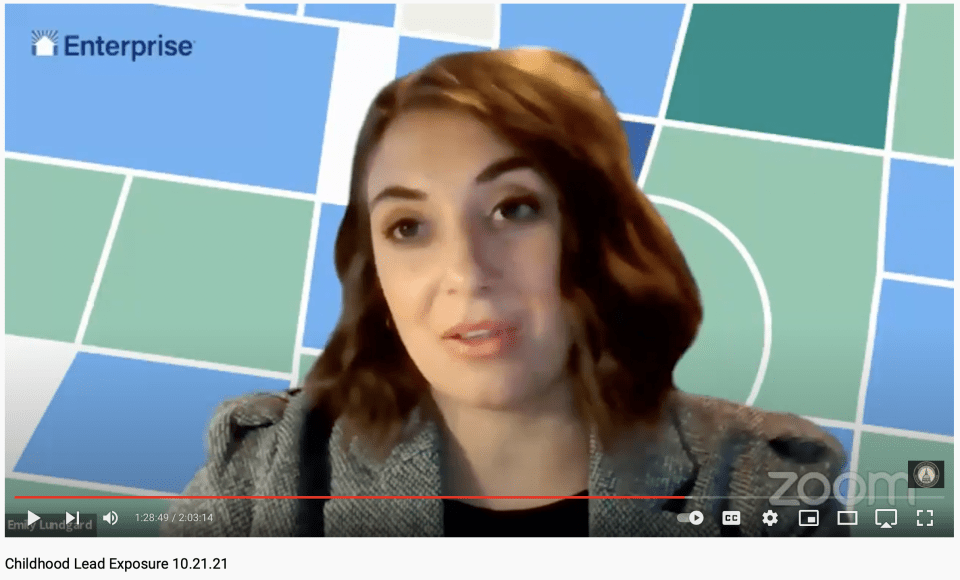Zoom screenshot of Emily Lundgard with a map background