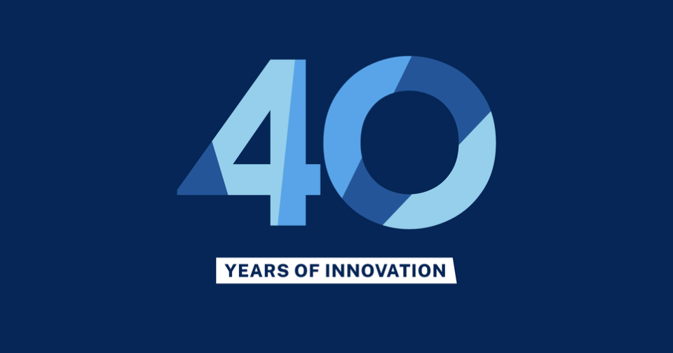 40 years of innovation on a dark blue background