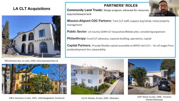 Four housing properties of LA CLT Acquisitions and Partner Roles from a presentation at a Zoom session