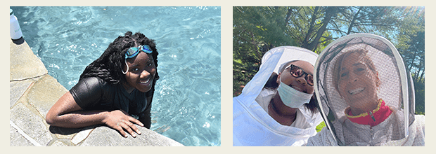 Youth standing at the shallow end of a swimming pool. A teenager and an adult wearing bee protection clothing outside.