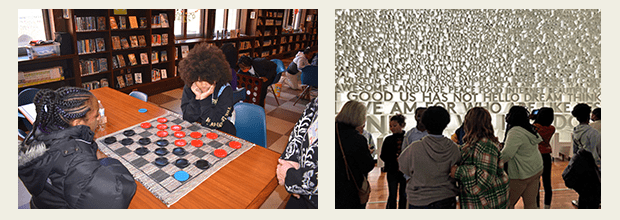 Two children play checkers in the library. Youth and adults stand in front of a lighted wall with decorated words.