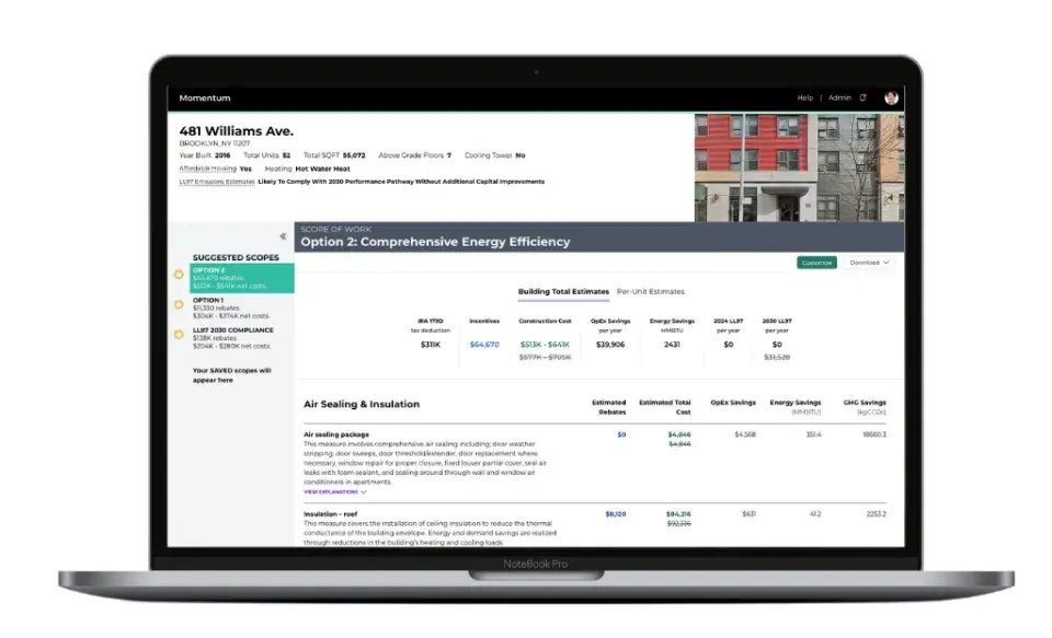 Example of how the Momentum tool offers building owners various retrofitting scenarios.