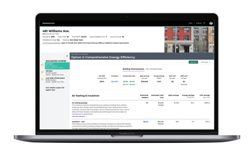 Example of how the Momentum tool offers building owners various retrofitting scenarios.