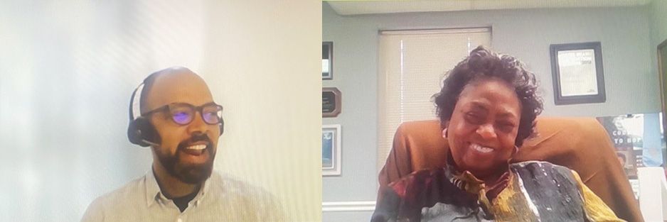 Side-by-side images of two people smiling taken on a Zoom call