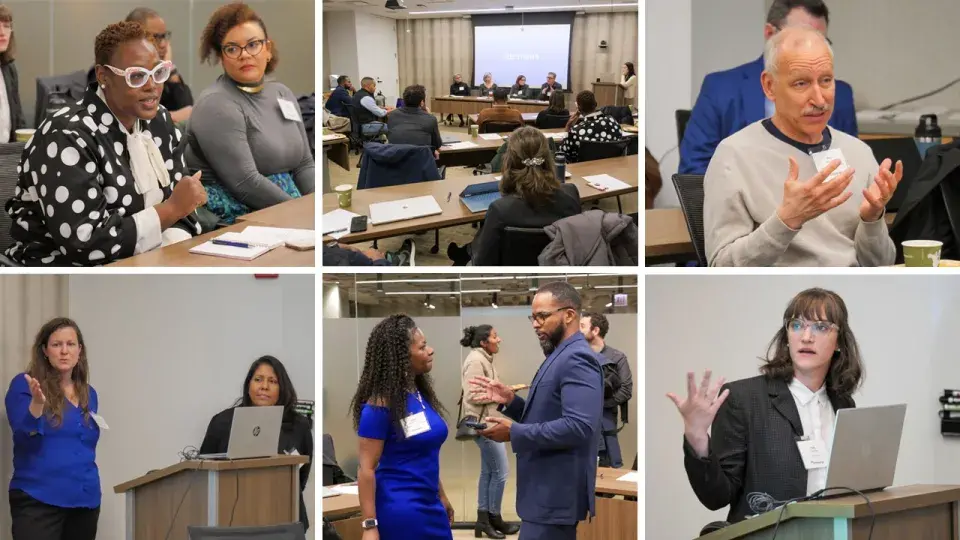 Collage of six photos of people sitting at tables, listening to presentations, talking to one another, or presenting