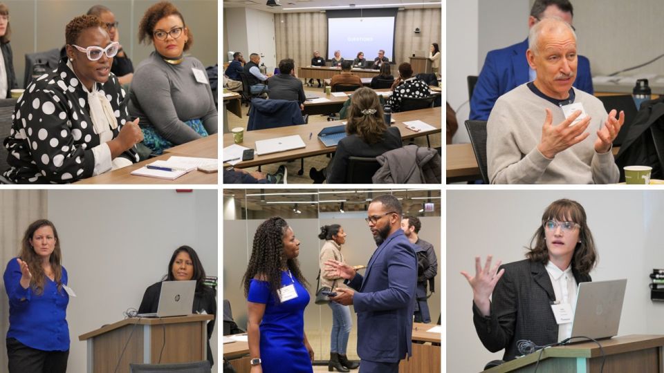 Collage of six photos of people sitting at tables, listening to presentations, talking to one another, or presenting