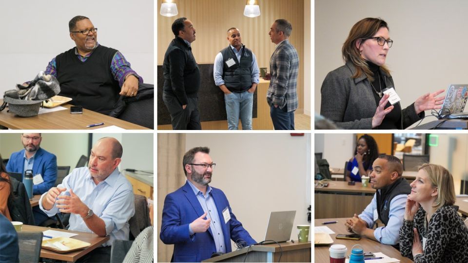 Collage of six photos showing people standing, talking together, presenting, or sitting at a table with others