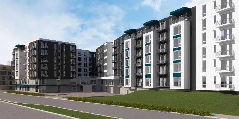 A rendering of a multifamily affordable housing community with 250 units.