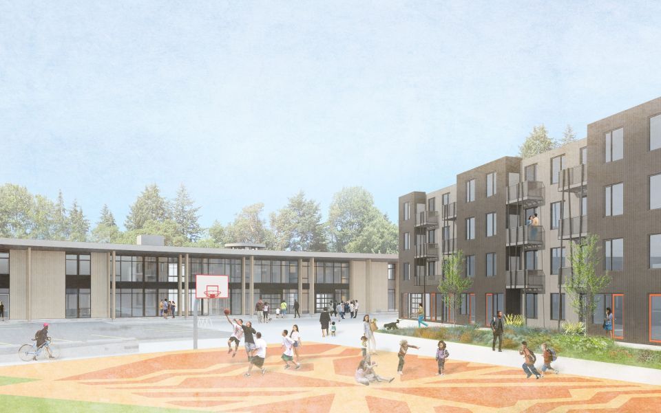 Rendering of basketball court outside White Center Community HUB in Seattle.