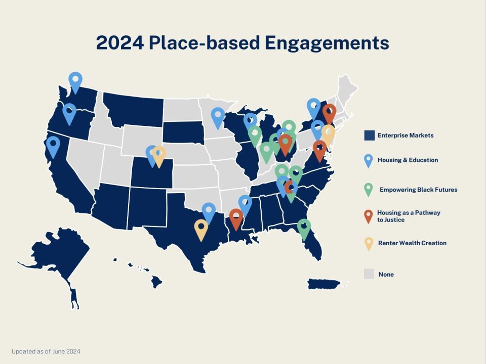 Map of the United States shaded in navy blue with location icons to indicate the different locations with place-based engagements in 2024