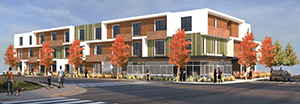 A rendering of Normandie Apartments with trees framing the building