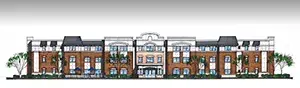 Rendering of apartment buildings on a neighborhood block
