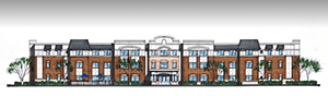 Rendering of apartment buildings on a neighborhood block