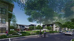 Street view rendering of Mutual Housing with a family biking and cars driving by