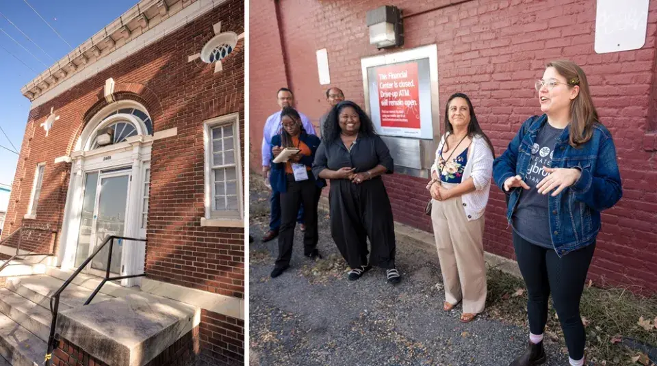 Two photos, one of a the facade of a vacant bank building and the second a casually dressed diverse group listening to a woman in glasses and a jean jacket speaking